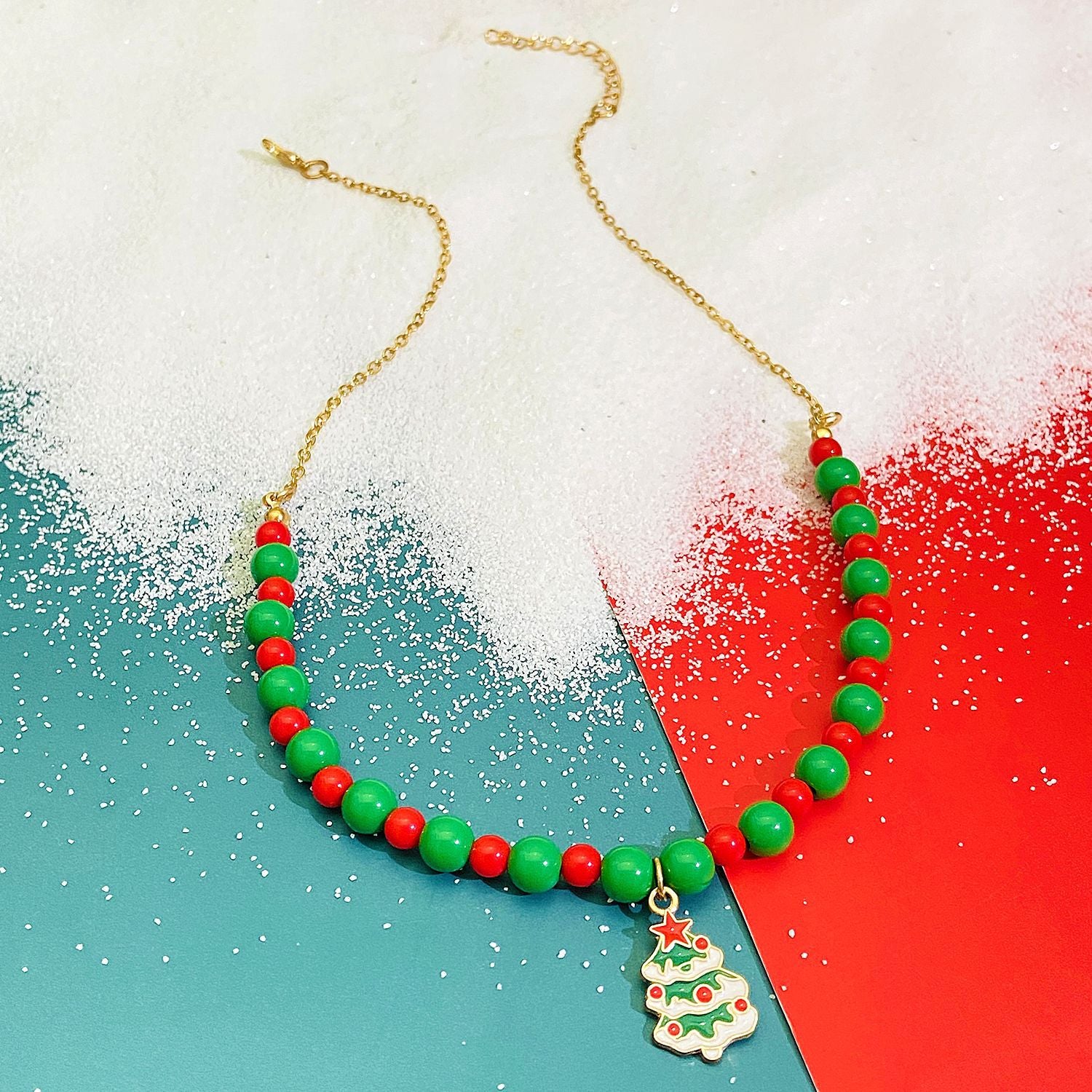 Wholesale Christmas Red and Green Rice Beads Beaded Necklace Clavicle Chain