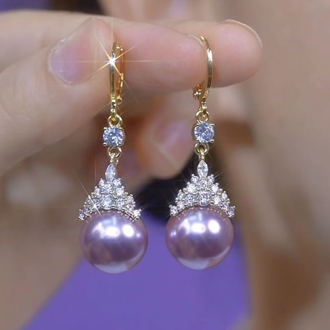 Wholesale Full diamond queen purple pearl earrings