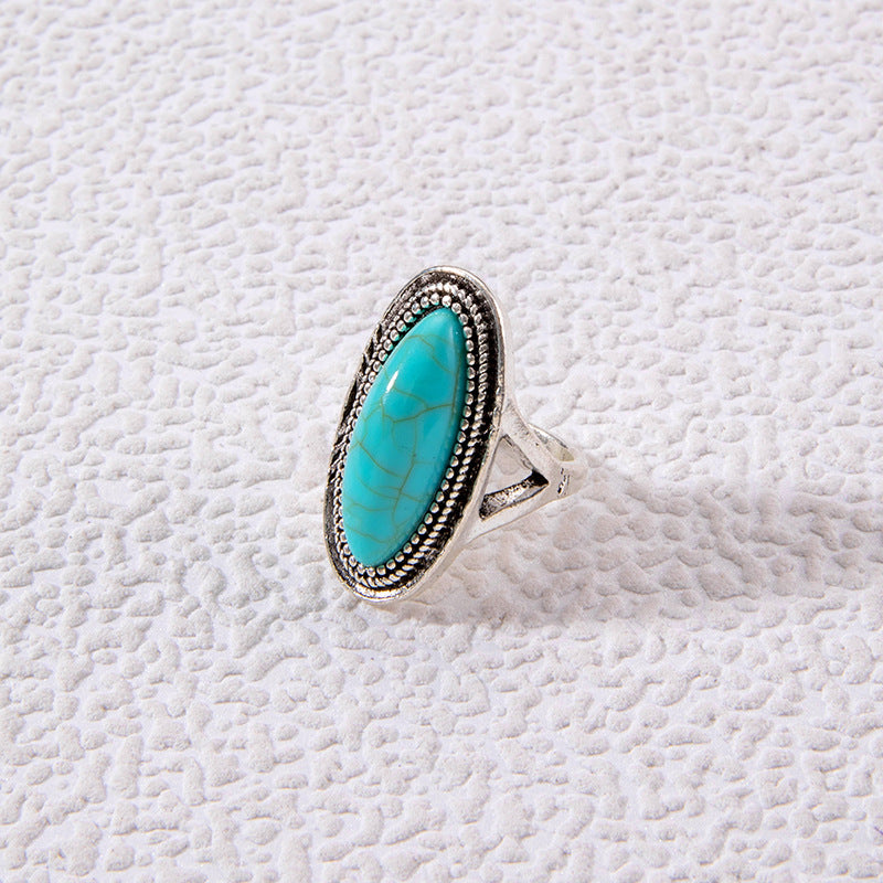 Wholesale Retro Turquoise Ring Ethnic Style Oval Cross Geometric Ring