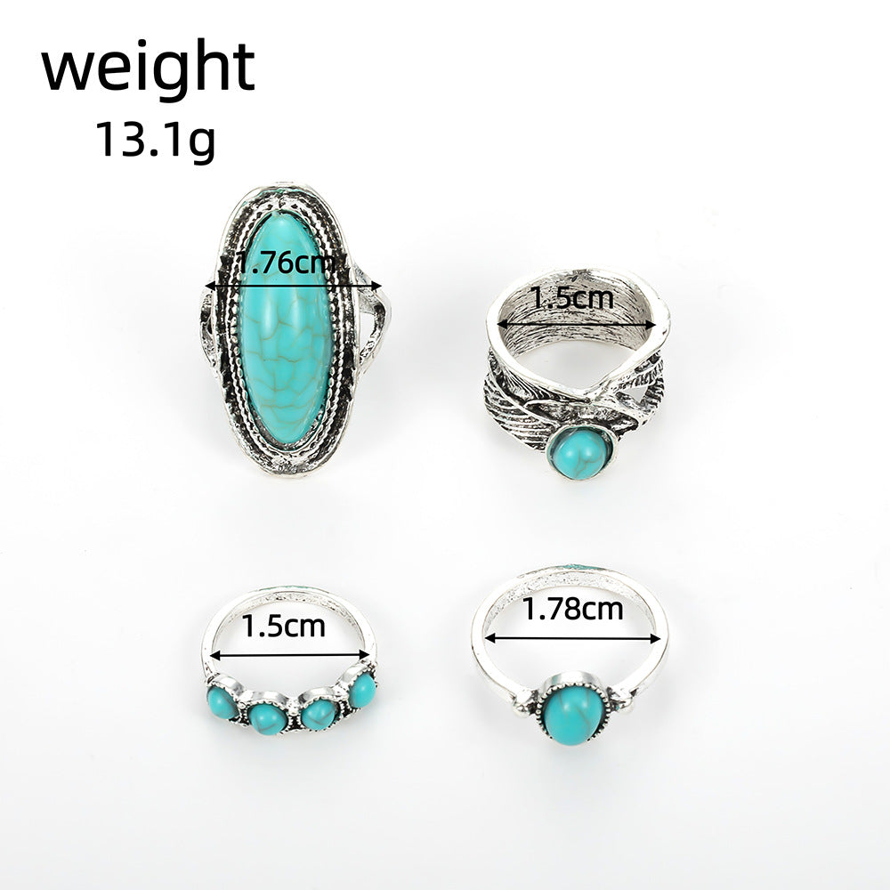 Wholesale Vintage Bohemian Feather Large Turquoise 4-Piece Ring Set