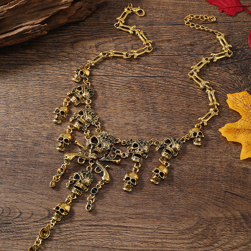Wholesale Halloween Dark Retro Metal Tassel Skull Short Necklace