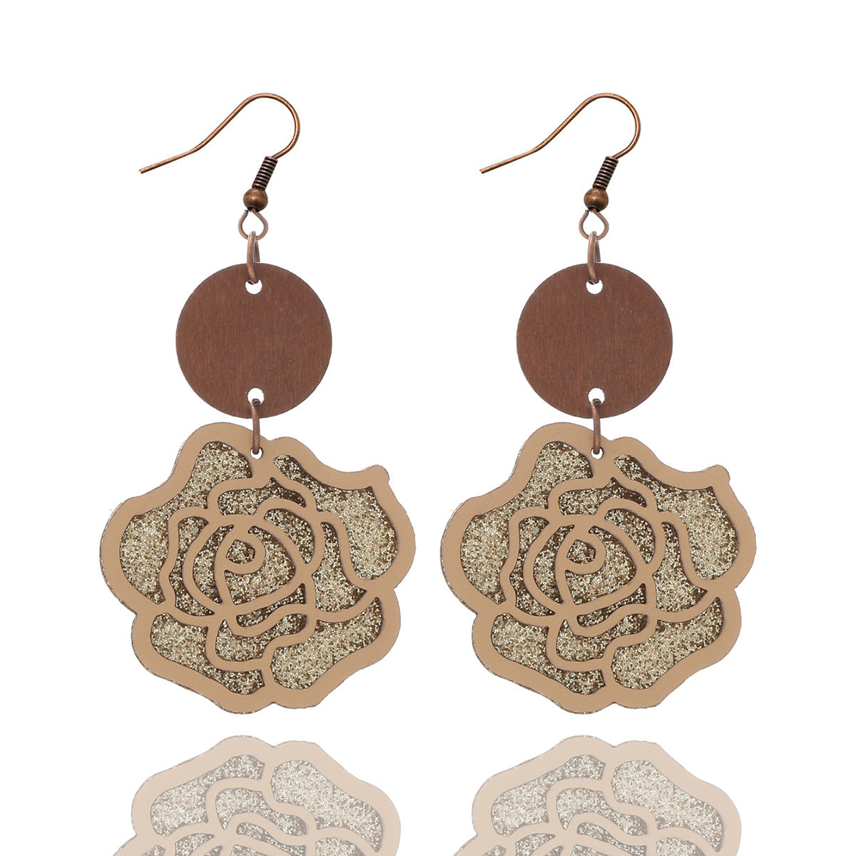 Wholesale Rose Flower Vintage Double Leather Wood Chip Earrings