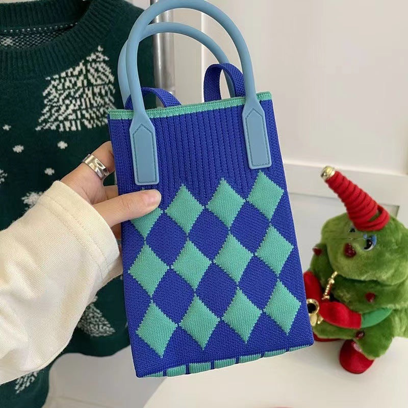 Wholesale Candy Color Mobile Phone Bag Large Capacity Diamond Check Knitted Bag