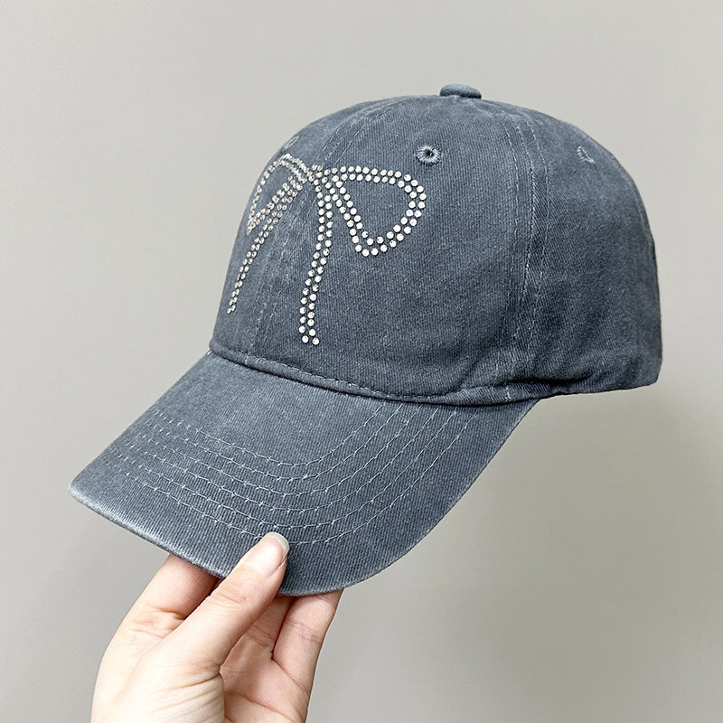 Wholesale Bow Rhinestone Soft Top Distressed Baseball Cap