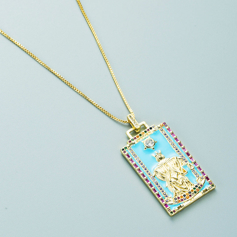 Wholesale Zircon Oil Drop Tarot Pattern Square Pendant Necklace