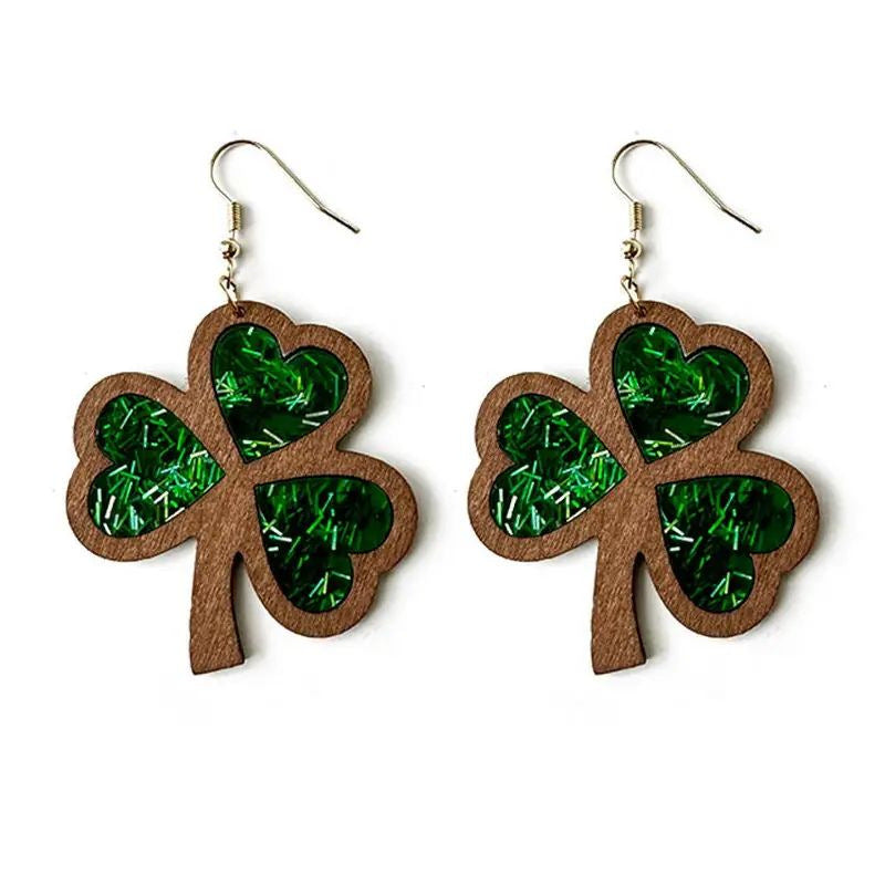Wholesale Carnival Wooden Lucky Leaf Hinge Patcree Holiday Clover Pendant Earrings