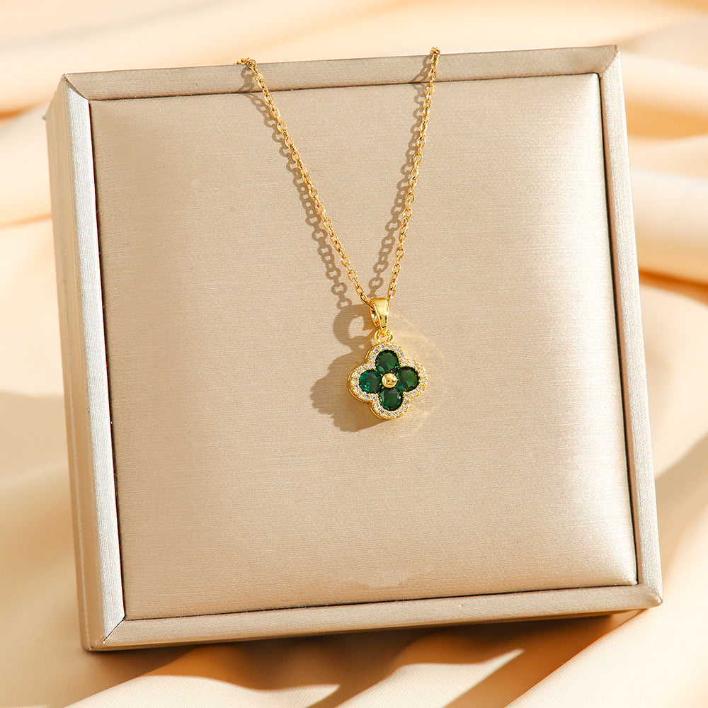 Wholesale Full Diamond Zircon Lucky Color Diamond Clover Titanium steel necklace