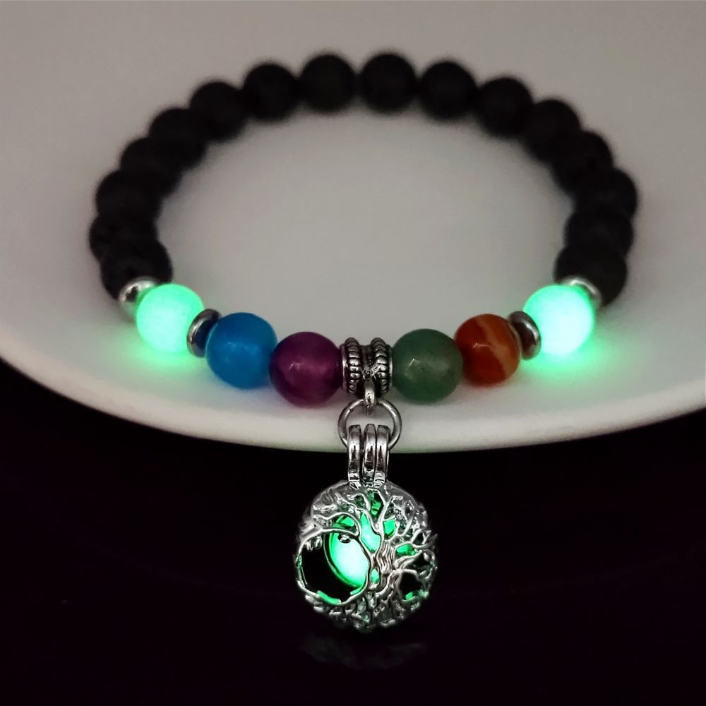 Wholesale 8mm Volcanic Stone Life Tree  Colorful Agate Yoga Luminous Bracelet