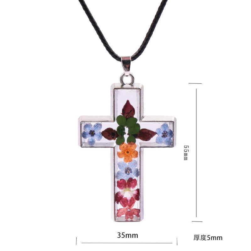Wholesale 6pcs Natural Stone Rose Dried Flower Resin Cross Fashion Necklace