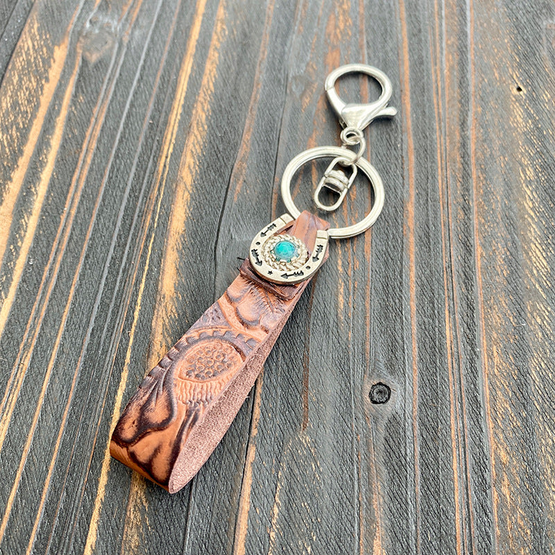 Wholesale Western Vintage Turquoise Genuine Leather Keychain