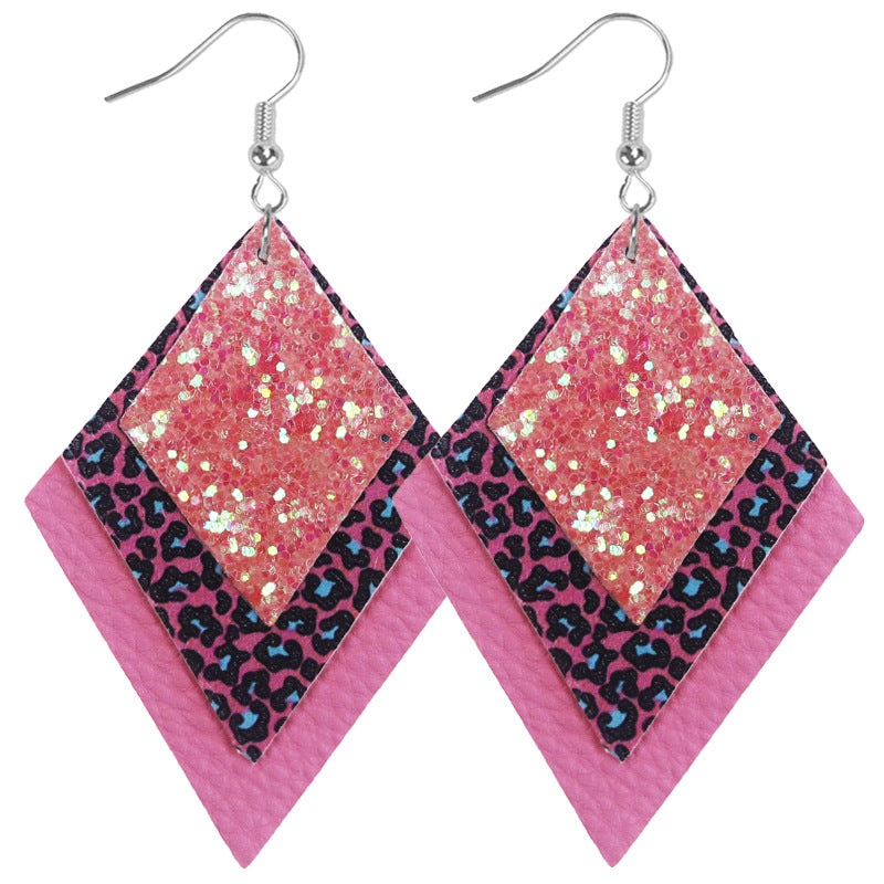 Wholesale 2pairs/pack Multi-layer Sequin Superimposed Leopard Print Leather Earrings