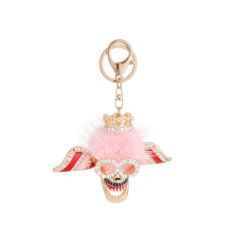 Wholesale Diamond Inlaid Plush Skull Metal Keychain