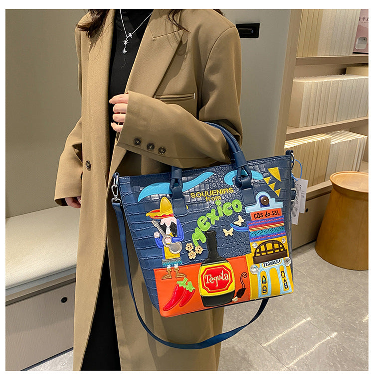 Bordado de tema mexicano de PU al por mayor Bordado de gran capacidad Bolso de hombro casual