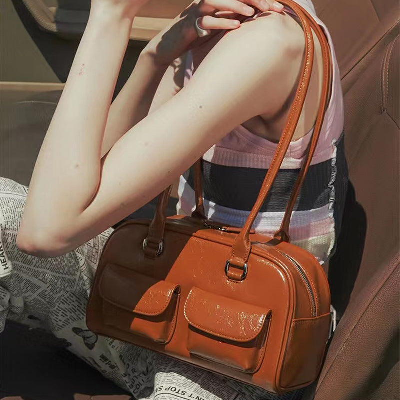 Wholesale Vintage Double Bag Casual Wax Leather Shoulder Underarm Bag