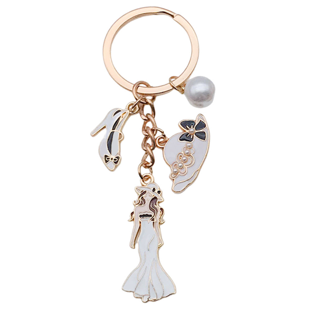 Wholesale White dress girl's hat high heels pearl Metal Keychain