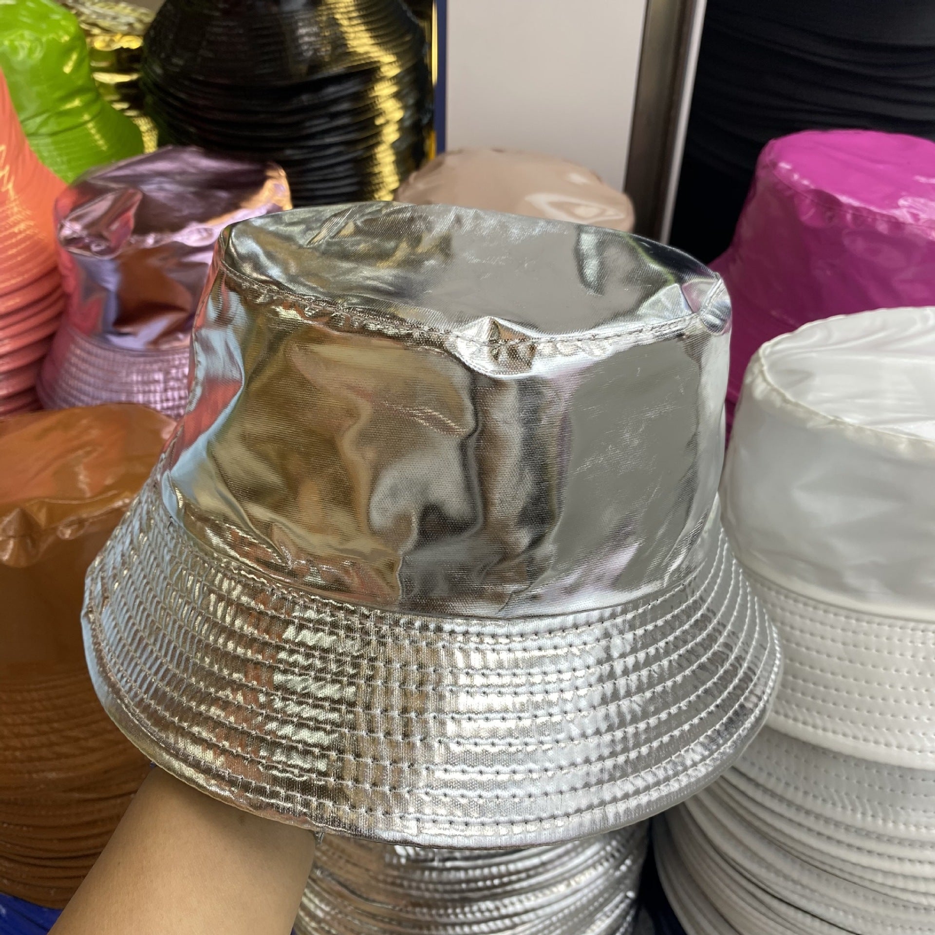 Wholesale of Solid Color Patent Leather with Polyester Fisherman Hats on Both Sides