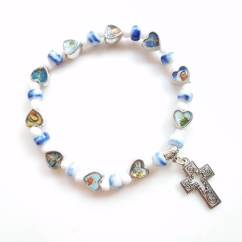 Wholesale Colorful ceramic hollowed-out cross elastic bracelet