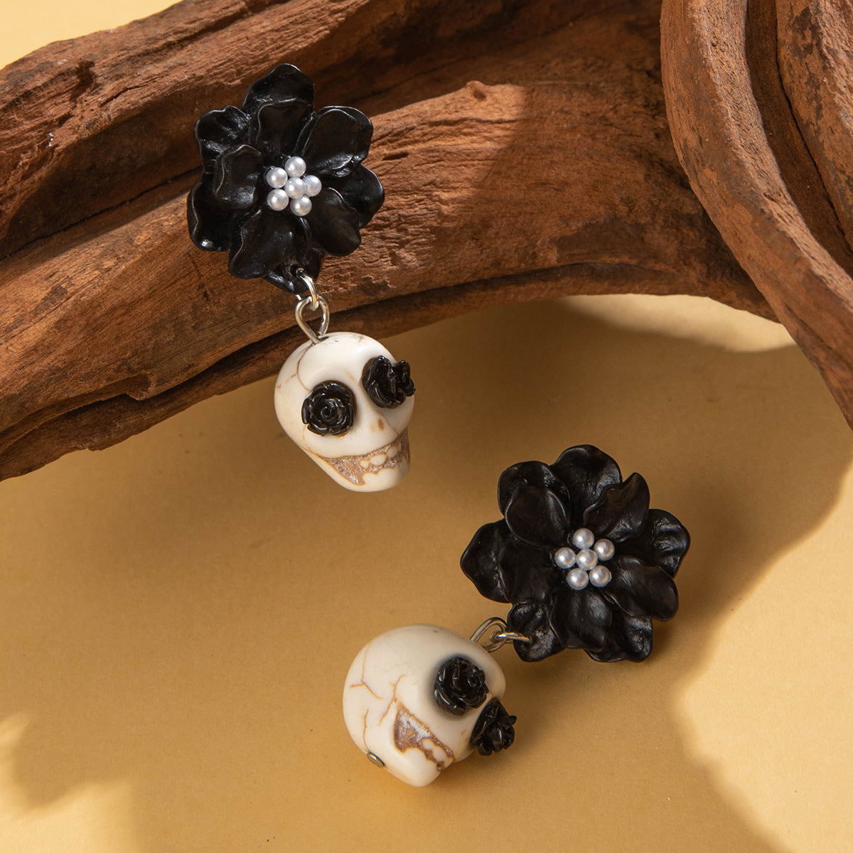 Wholesale Dark Skull Black Camellia Earrings  Funny Fun Earrings Earrings Women