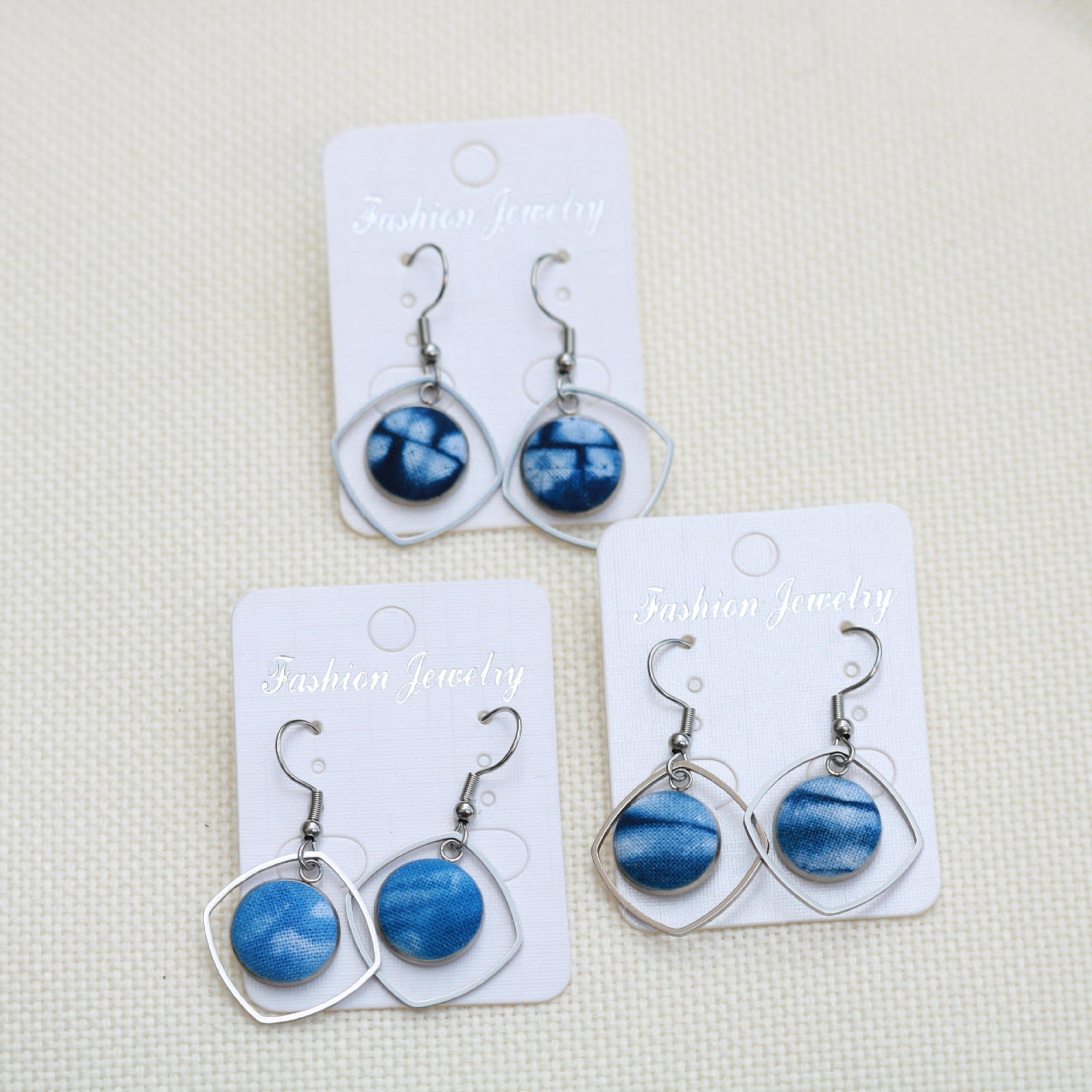 Wholesale Ethnic Style Earrings Tie-Dye Blue Dye Batik Hand-Woven Fabric Buckle Earrings Earrings