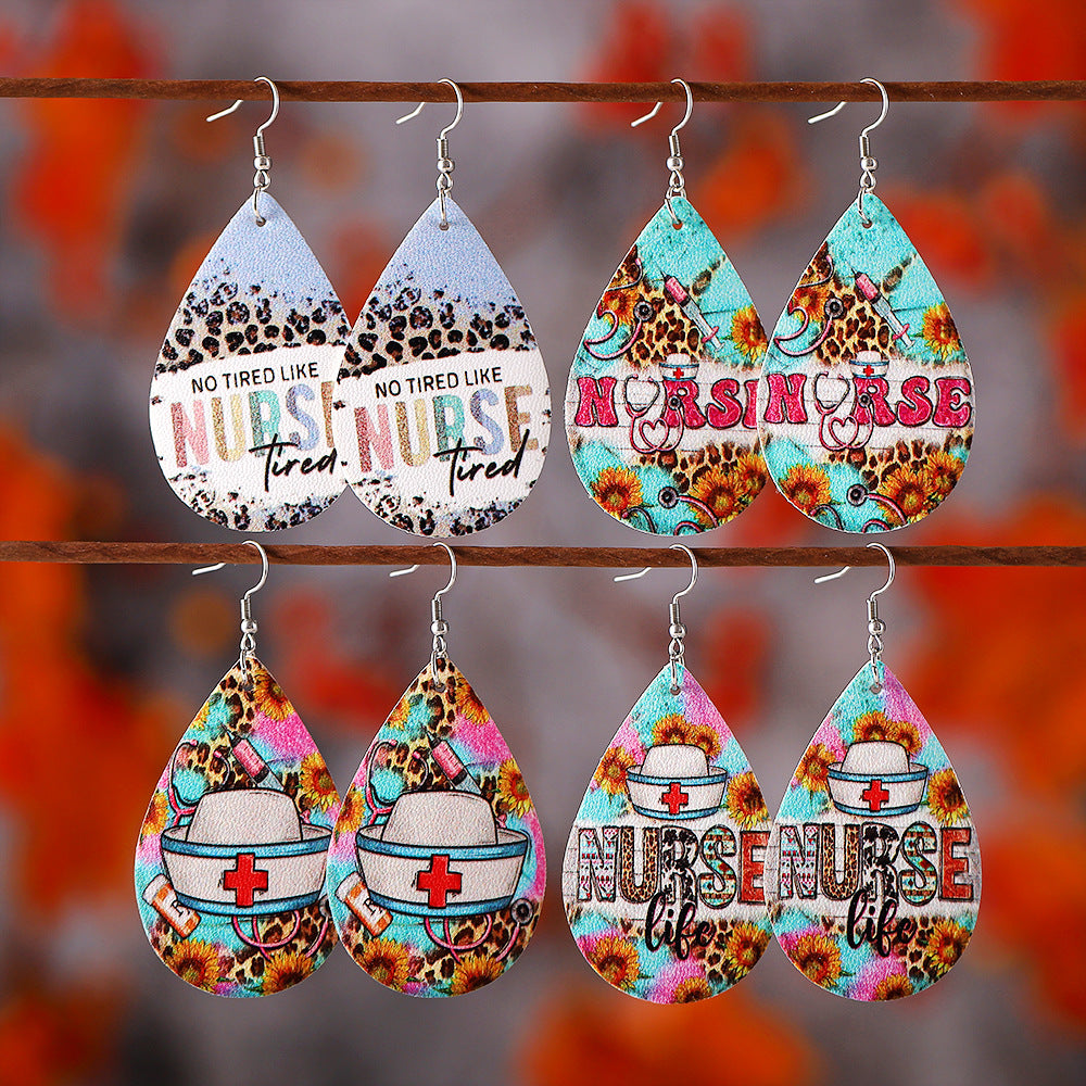Wholesale Nurse' s Day western style leopard print sunflower  leather pendant earrings
