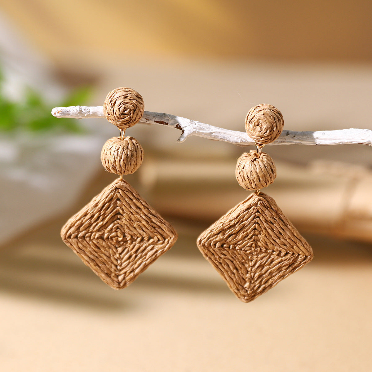 Wholesale Bohemian Diamond Shaped Rattan Braided Earrings