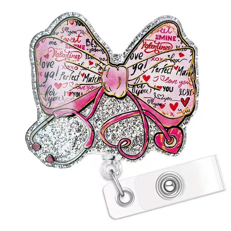 Wholesale Acrylic ID card clip with bow tie  retractable name tag holder easy-pull buckle Badge Reels