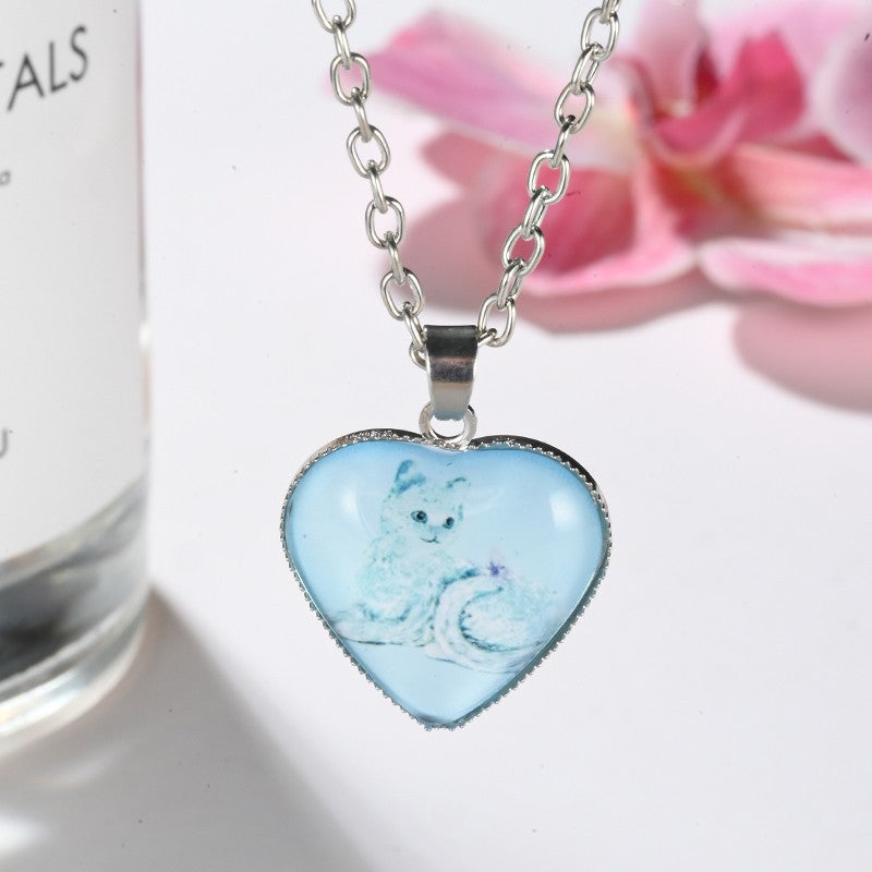 Wholesale Heart-shaped Crystal Cute Kitten Metal Necklaces