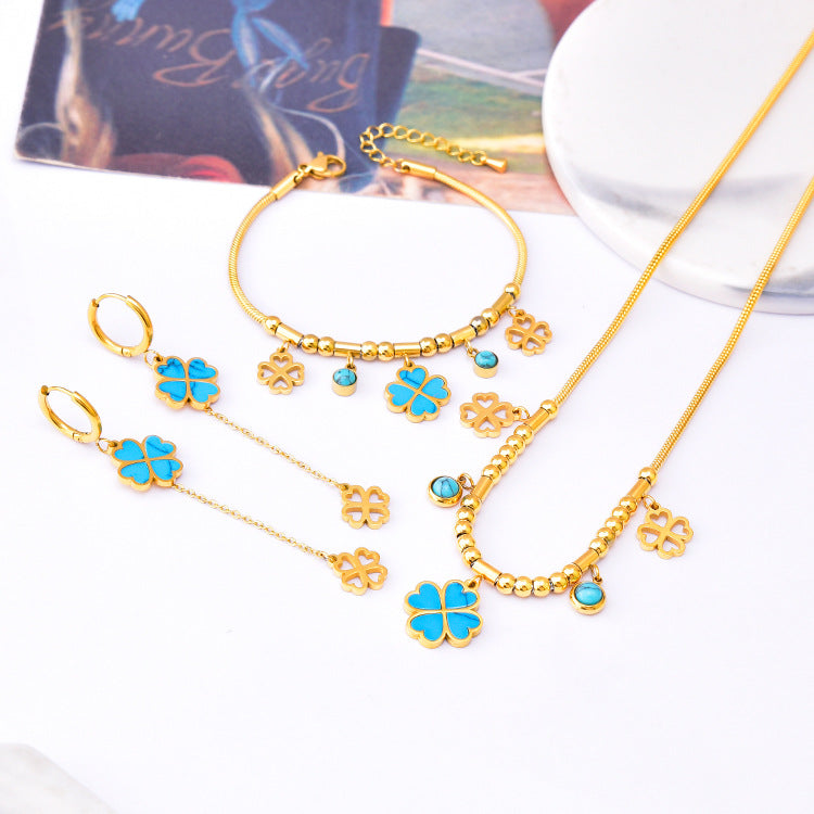 Wholesale Round Tube Five-pointed Star Necklace Turquoise Clavicle Pendant Long Tassel Earrings Bracelet Set