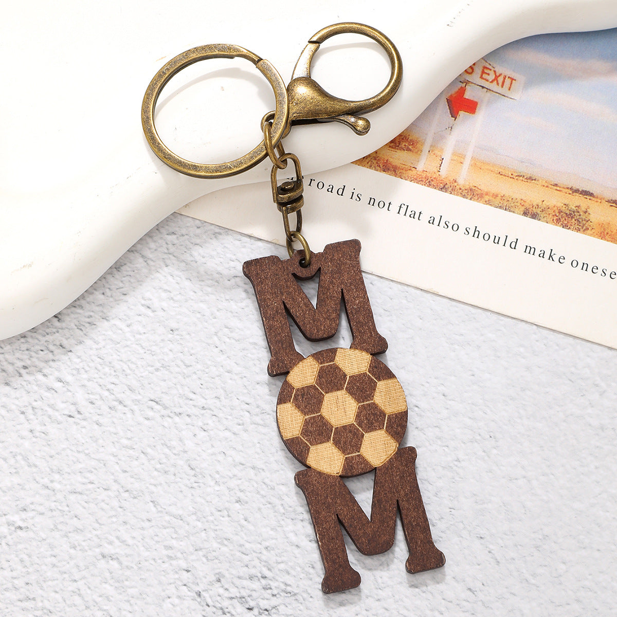 Wholesale Sports Style Ball Baseball Rugby MOM Wood Chip Vintage Keychain