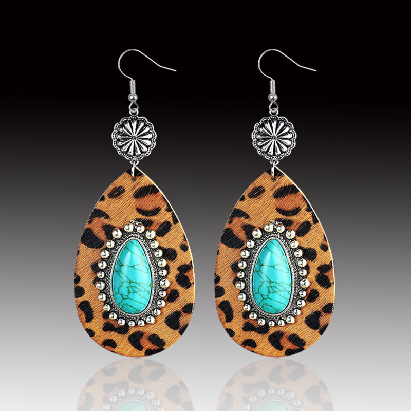 Wholesale Western Style Turquoise Water Drop Leopard Print Leopard Print Geometric Plush Earrings