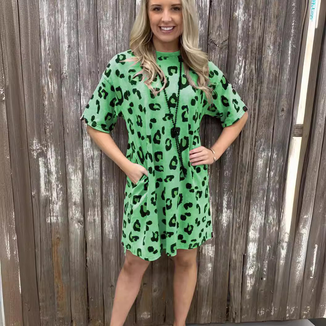 Wholesale One Step Skirt Leopard Print Round Neck Loose Dress