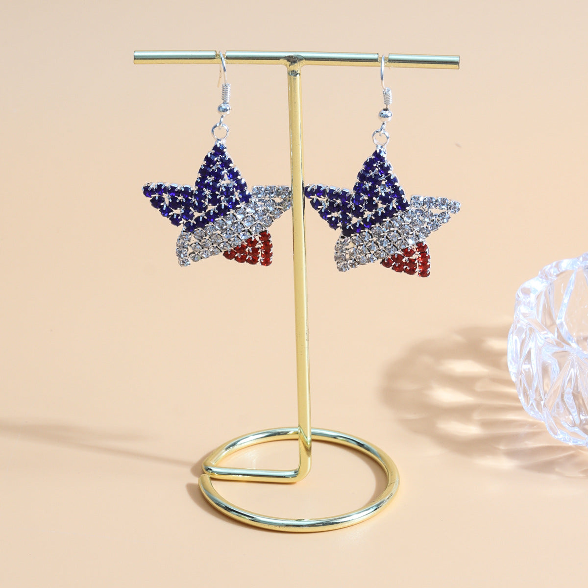 Wholesale Independence Day Diamond-encrusted Flag Five-pointed Star Pendant Earrings