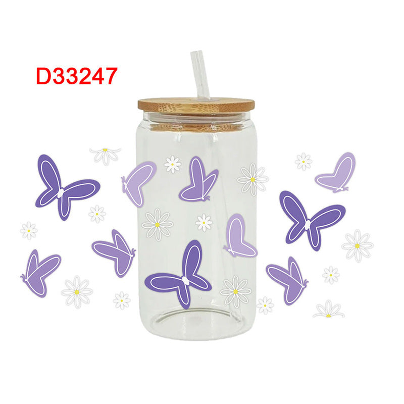 Wholesale Colorful Butterfly Flowers 16oz Cup UV DTF Wraps