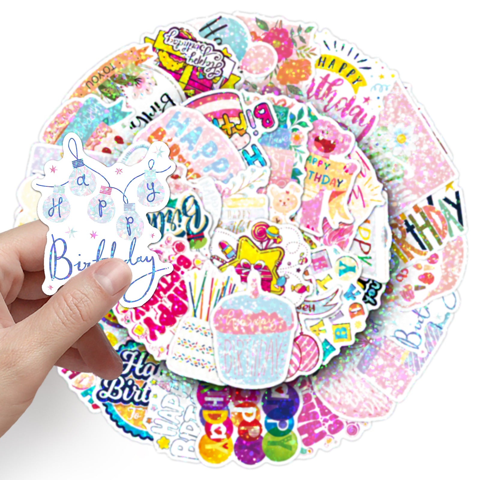 Wholesale 50pcs/pack Glitter Laser Happy Birthday Stickers