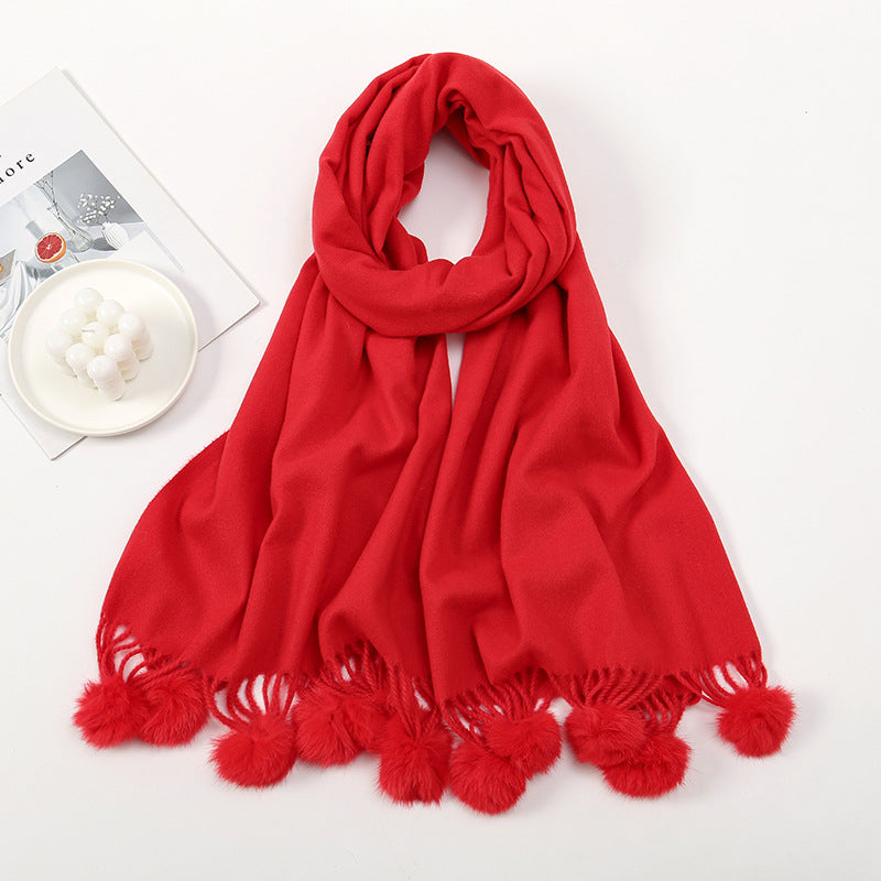 Wholesale Autumn and Winter Imitation Cashmere Scarves, Solid Color Tassel Wool Ball and Plush Necklaces