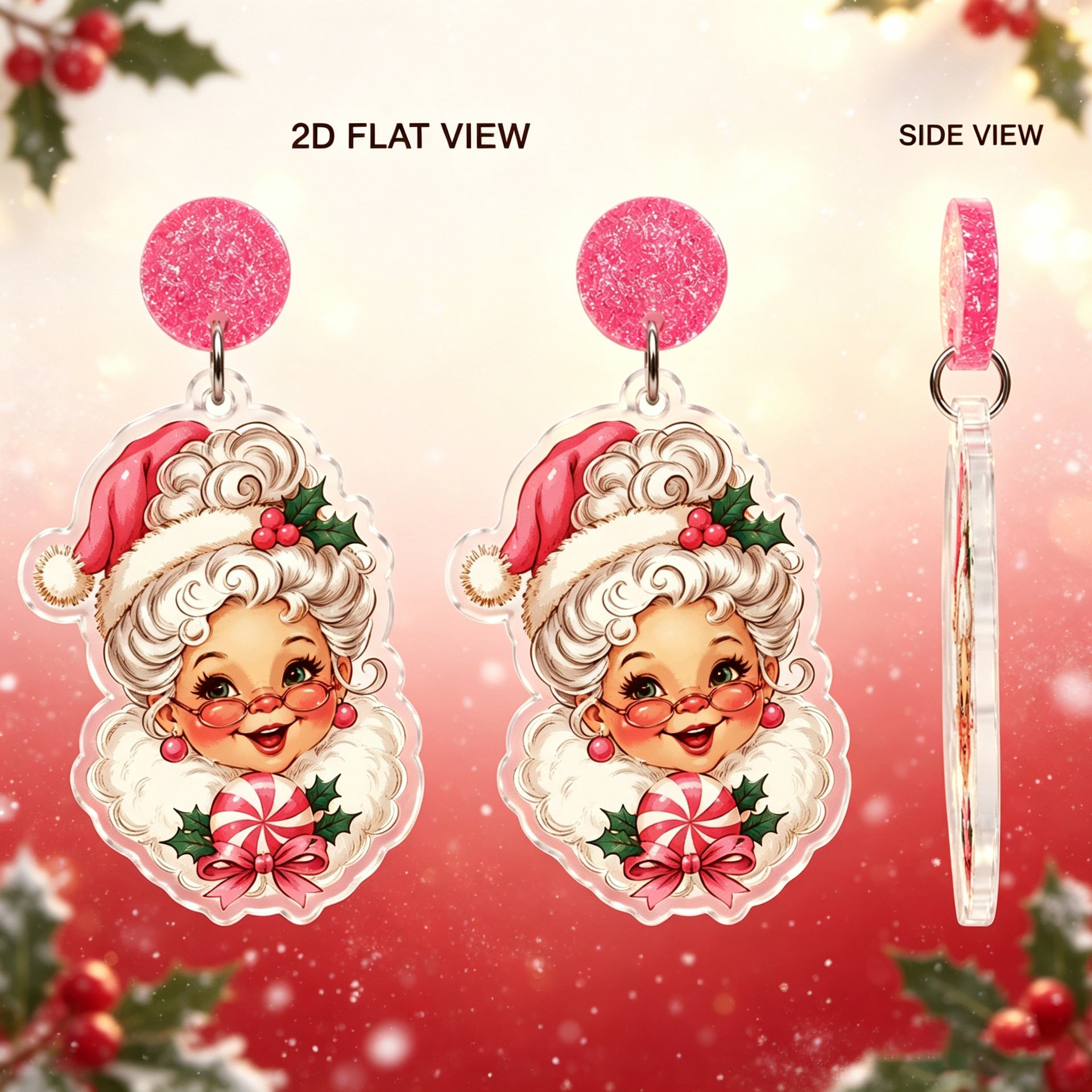 Wholesale Cute  2D Acrylic Earrings Pink Chibi Christmas Jewelry Accessory Trendy Gift