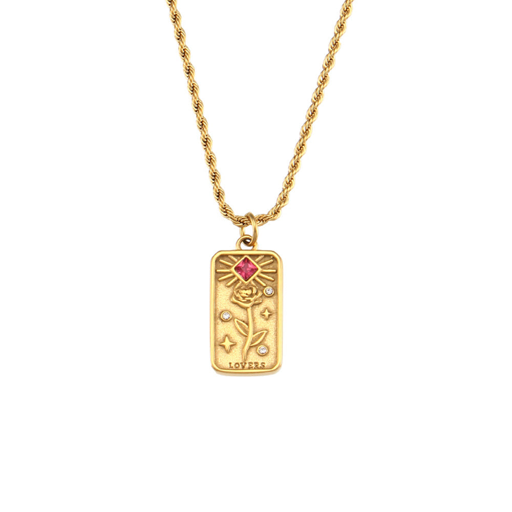 Wholesale Pendant jewelry stainless steel rectangular oil drop zircon tarot necklace