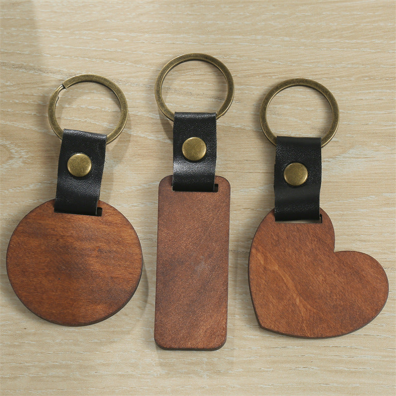 Manual al por mayor Diy Wood Leather Love Circle Keychain rectangular