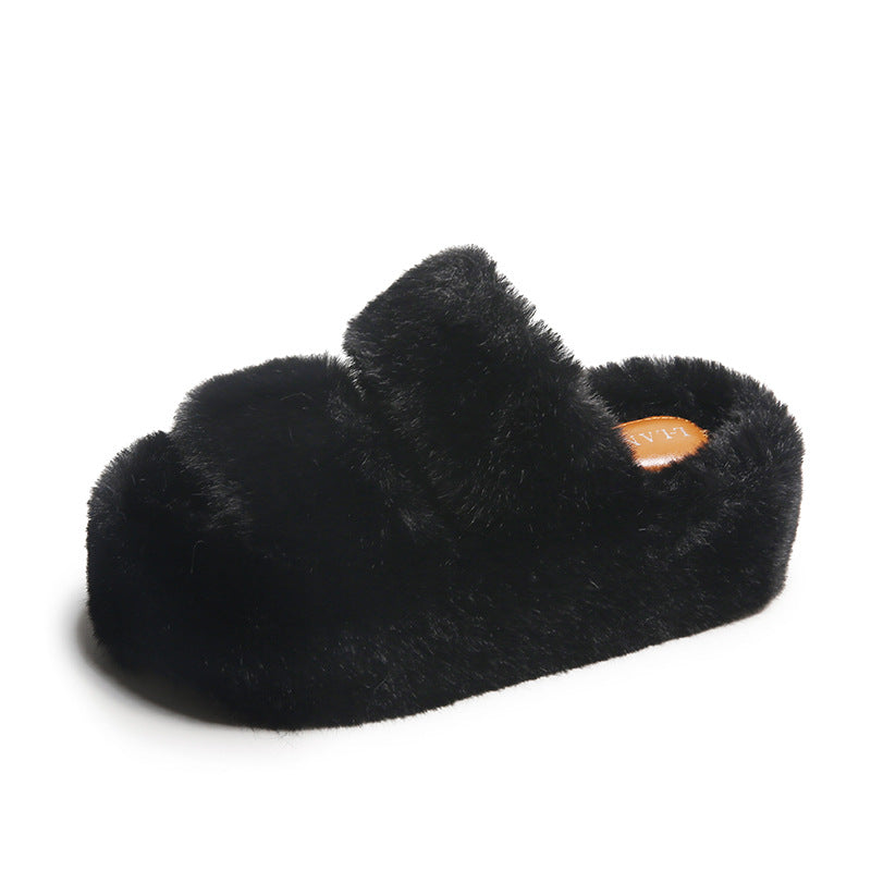 Wholesale 7CM thick-soled lining with velvet leather printing and outer fur mop plush winter slippers