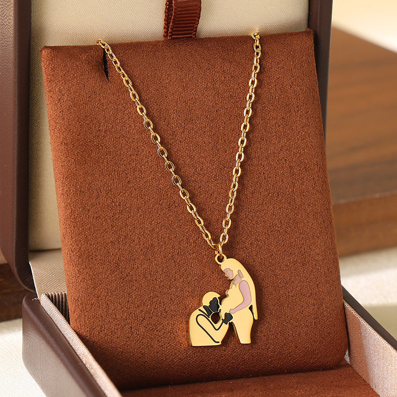 Wholesale Mother' s Day Diamond studded Hollow Moon Love Stainless Steel Necklace
