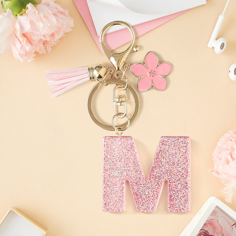 Wholesale Pink 26 letter Sparkling Pink Flower Tassel Keychain