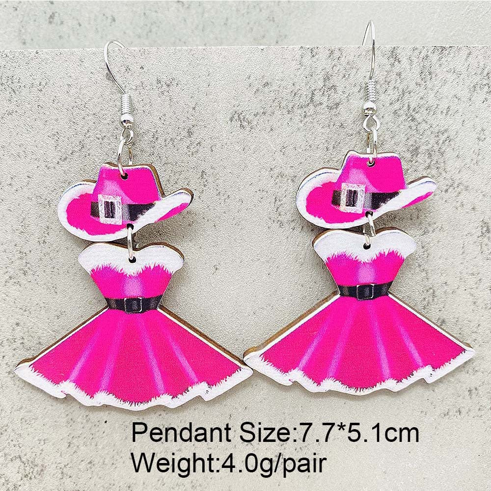Wholesale Christmas Ornament Cute Princess Dress Western Denim Santa Hat Wooden Earrings