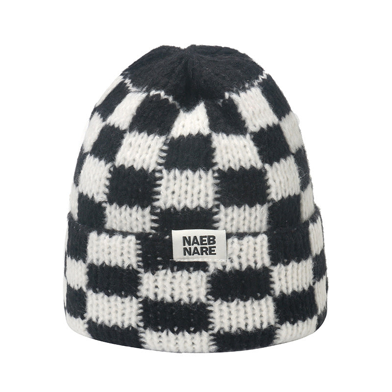 Wholesale Popular Niche Large Head Circumference Wool Thick Warm Checkerboard Plaid Knitted Hat