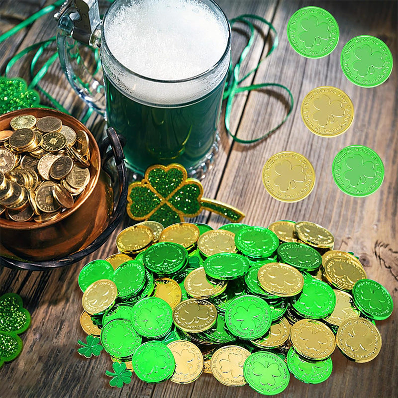 Wholesale 50pcs St. Patrick' s Day  Shamrock Plastic Coins Gold Props