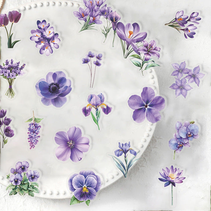 Wholesale 50pcs/pack Transparent Cartoon Purple Flower Sticker Pack Waterproof Transparent PET Hand Account Material Decorative Guitar Notebook