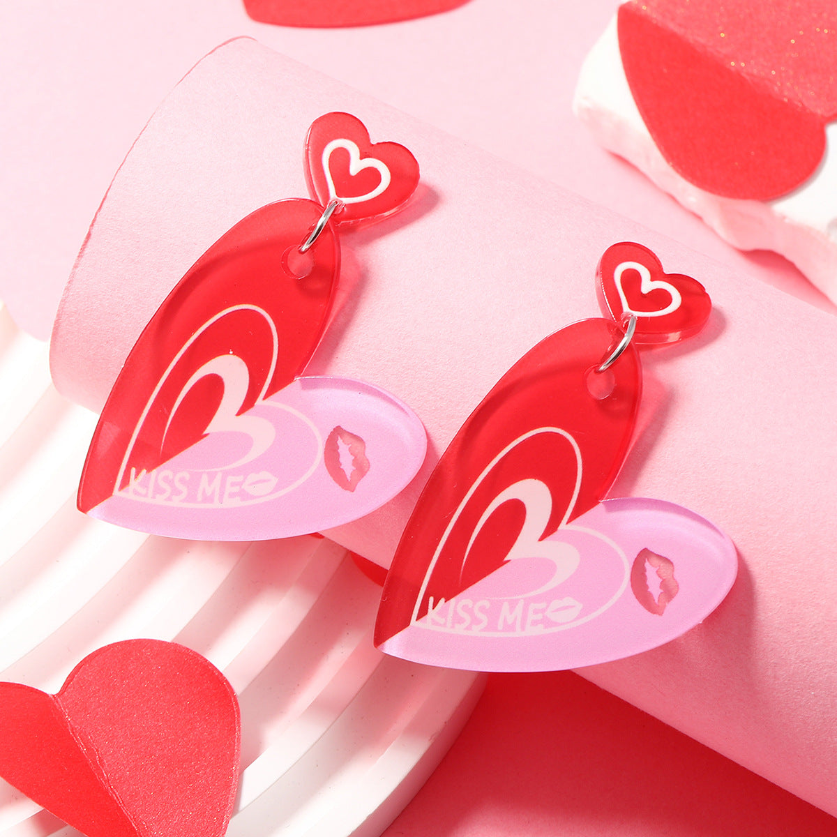 Wholesale Valentine's Day Girls Pink Printed Envelopes with Multiple Color Block Love Acrylic Earrings
