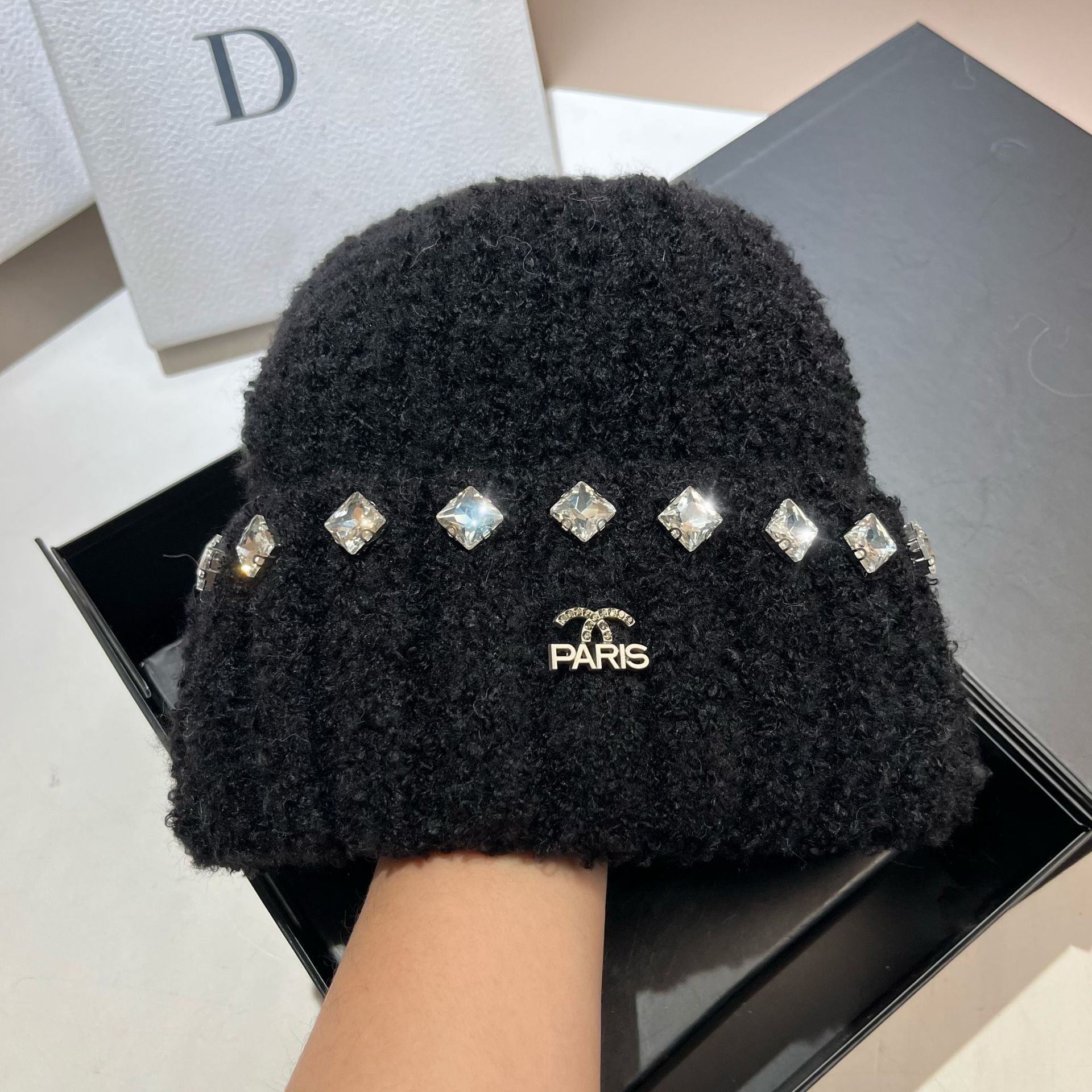 Wholesale Thick Warm Teddy Curl Cute Rhinestone Knitted Hat
