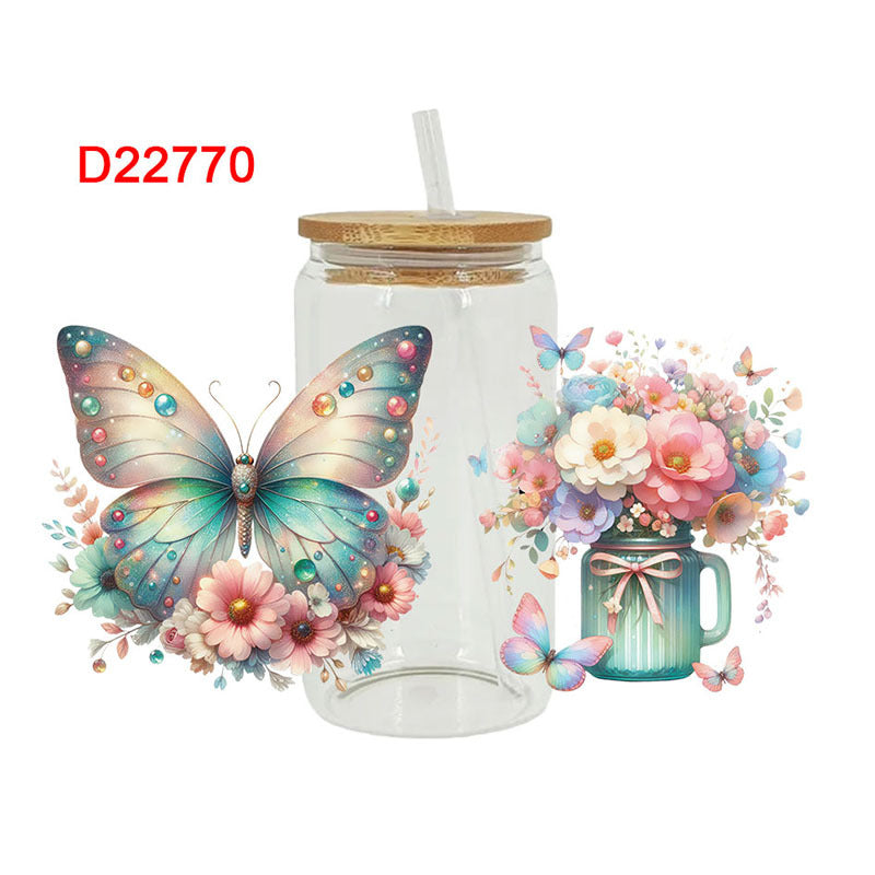 Wholesale Flower Butterfly Cat 16oz Cup UV DTF Wraps