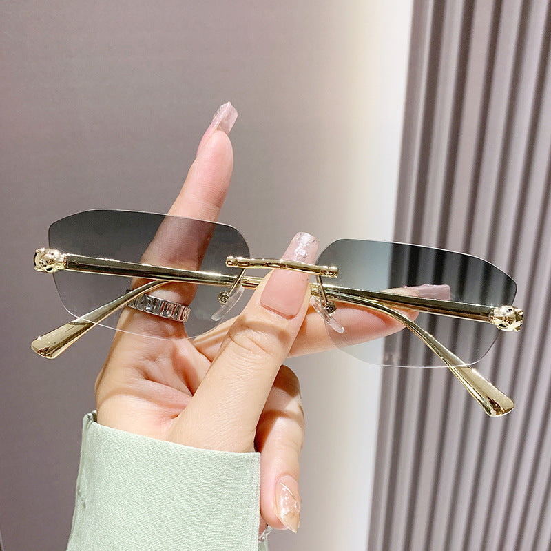 Wholesale Metal trimmed frameless polygonal cheetah decorative sunglasses