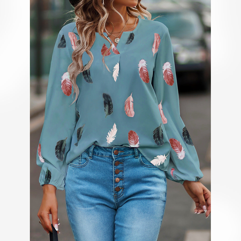 Wholesale Autumn and Winter Women's V-neck Feather Printing Long Sleeve Loose T-shirt